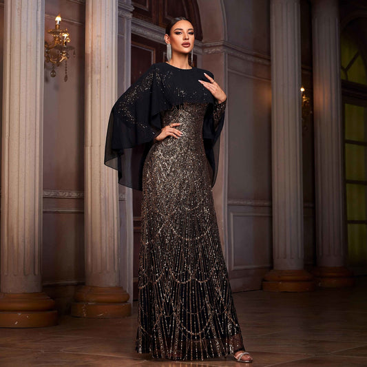 Elegant Long Sleeve Round Neck Shawl Banquet Sequined A- Line Evening Dress